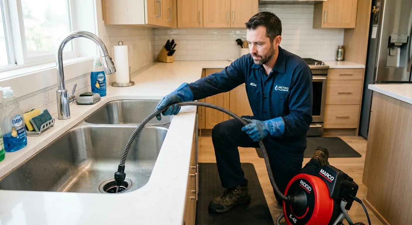 Drain cleaning technician using a motorized snake on a kitchen sink in Woods Cross