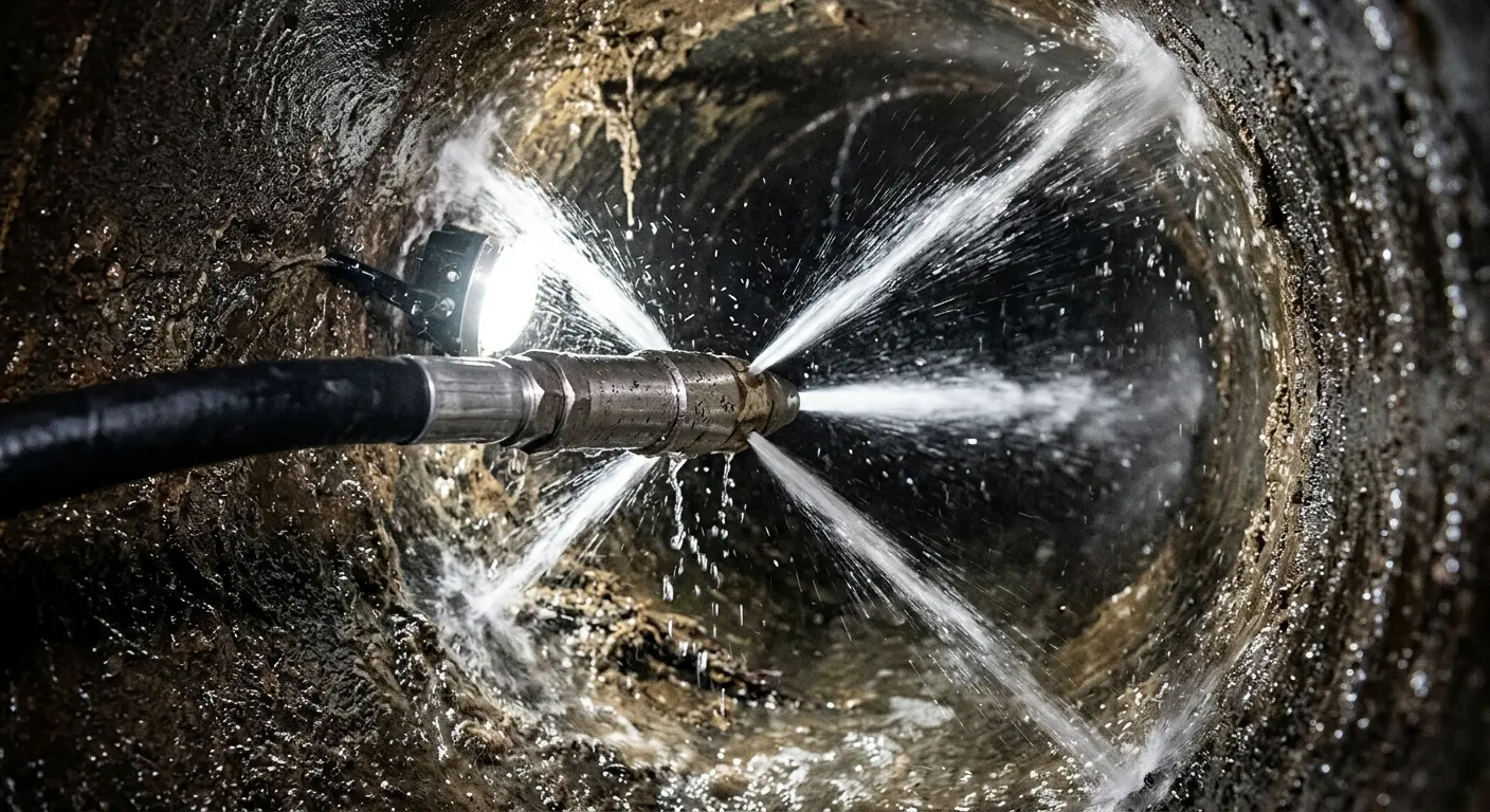 High-pressure hydro jetting nozzle cleaning sewer pipe for Sewer Cleanout in Woods Cross