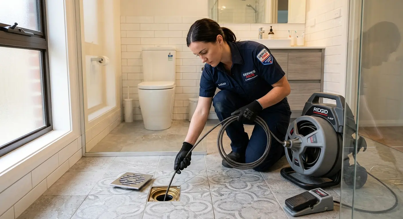 Technician clearing a bathroom floor drain for Sewer Line Installation in Woods Cross